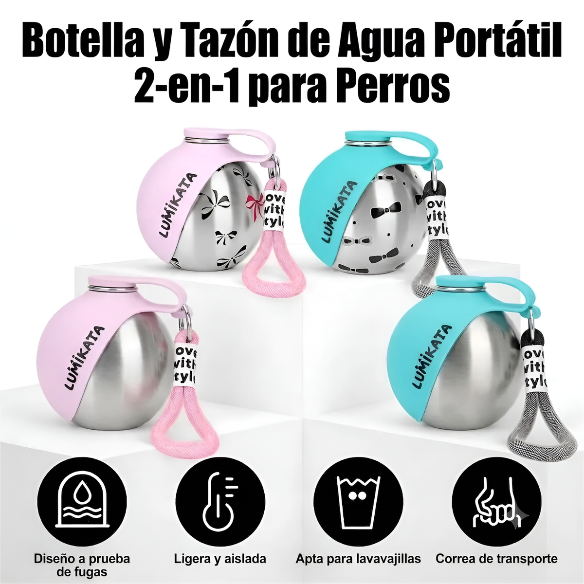 Lumikata Botella de Agua Portátil 2 en 1 para Perros